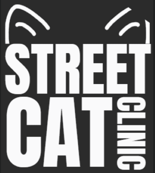 Logo of Street Cat Clinic with cat ears illustration in black and white.